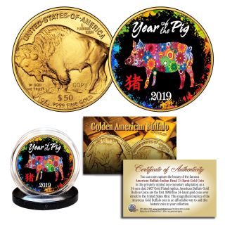 2019 Lunar Year Of The Pig 24k Gold Clad American Buffalo Tribute Coin Polychrom