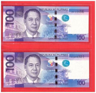 2010 Philippines 100 Peso Ngc Aquino & Tetangco Ladder Cm 123456 & Cj 654321 Unc