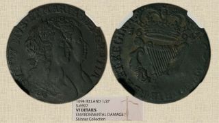 1694 Ireland William & Mary 1/2 Penny Ngc Vf Scarce