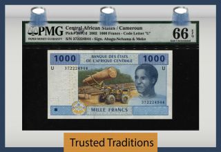 Tt Pk 207ud 2002 Central African States Cameroun 1000 Francs Pmg 66 Epq Gem Unc