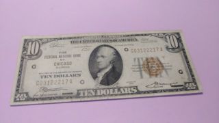 National Currency $10 Bill,  Brown Seal,  Stamp From Federal Reserve Bank Chicago