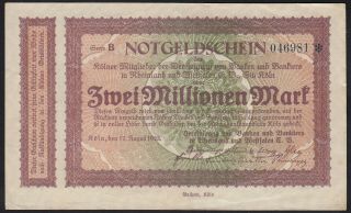 1923 2 Million Mark Koeln Germany Old Vintage Emergency Money Banknote Bill Xf