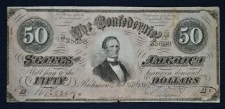 1864 Confederate States Of America $50 Fifty Dollar Note 3 Series 35698