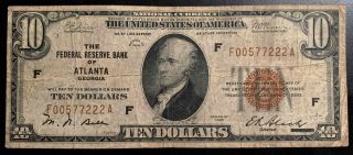1929 $10 National Currency Brown Seal - Frb Of Atlanta - Usa