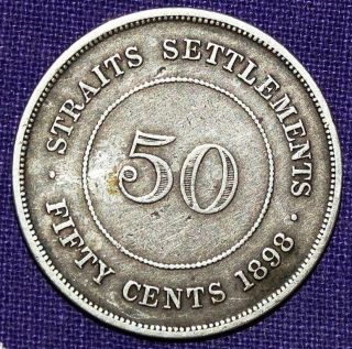Straits Settlements Queen Victoria 50 Cents Ad 1898 Grade Very Fine Plus.