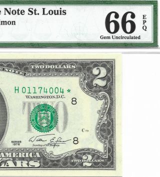 1976 $2 St Louis Star ⭐️ Frn,  Pmg Gem Uncirculated 66 Epq Banknote.