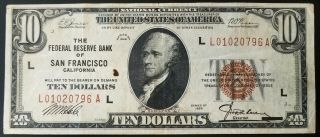 1929 $10 National Currency From The Federal Reserve Bank Of San Francisco,  Ca