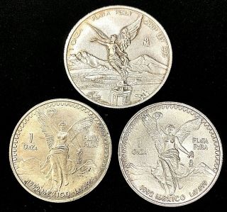 (3) 1 Oz Libertad 1 Onza Silver Coins 2 - 1992 1 - 2001.  999 Fine Nr
