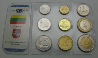 Lithuania 1,  2,  5,  10,  20,  50 Centu & 1,  2,  5 Litai 1991/2007 - 9 Coins.