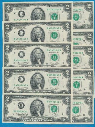 5 - $2.  00 1976 ST.  LOUIS,  5 - N.  Y.  CONSECUTIVE FEDERAL RESERVE NOTES CHOICE 2
