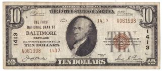 1929 First National Bank Of Baltimore Currency $10 Ten Dollar Bill F - 1801 - 2 R29