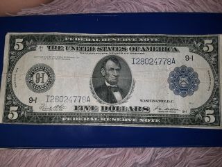 Large 1914 $5 Dollar Bill Federal Reserve Note Big Frn Paper Money - Rare Bill
