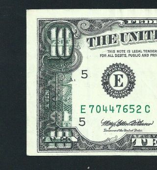 1995 $10 Error Ink Transfer From Back To Front True