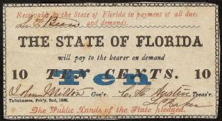 1863 State Of Florida 10 Cent Tallahassee Note Fractional Currency Paper Money