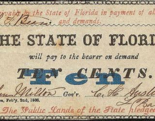 1863 STATE OF FLORIDA 10 CENT TALLAHASSEE NOTE FRACTIONAL CURRENCY PAPER MONEY 3