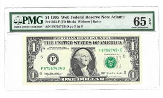 1995 $1 Atlanta " Web " Frn,  Pmg Gem Uncirculated 65 Epq,  3/9 Run 14