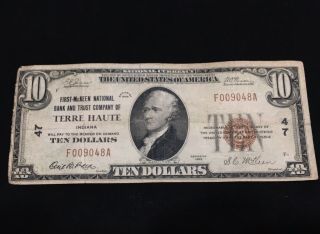 1929 $10 National Bank Note Terre Haute Indiana Ch.  47