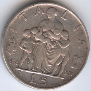 G12464 - Italy 5 Lire 1936 R Rome Km 79 Mother & Children Scarce Silver Italien