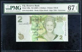 Fiji 2 Dollar Nd 2007 P 109 Qe Ii Gem Unc Pmg 67 Epq