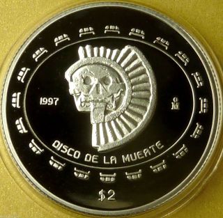 1997 Mexico Silver Skull Proof Coin 1/2 Troy Oz.  999 - Disco De La Muerte