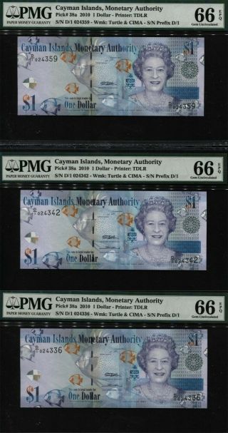 Tt Pk 38a 2010 Cayman Islands 1 Dollar Queen Elizabeth Ii Pmg 66q Gem Set Of 3