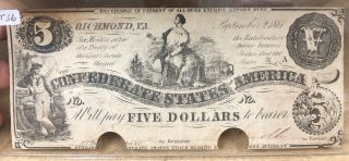 T - 36 1861 $5 Five Dollars Csa Confederate States Of America Currency Note