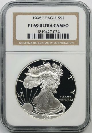 1996 - P Silver Eagle Dollar $1 Ngc Pf 69 Ultra Cameo 1 Oz Fine Silver