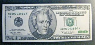 1996 Us $20 Dollar Frb Note Low Serial Number B - Day Date U.  S.