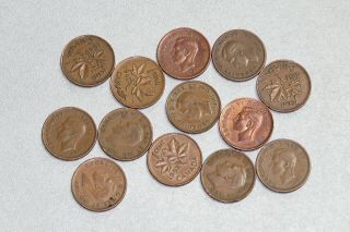 13 Canadian Pennies Cents 1940 - 1952 Vintage Canada Small Cents Currency