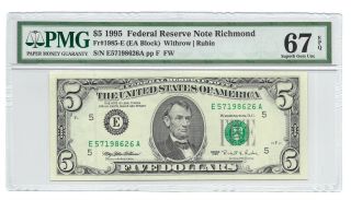 1995 $5 Richmond Frn,  Pmg Gem Uncirculated 67 Epq Banknote