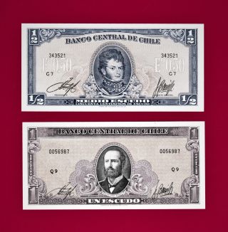 2 Unc Chile Notes: 1/2 Escudo 1962/75 (p - 134a) & 1 Escudo 1964 (p - 136)