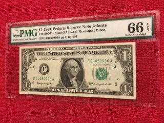 Fr 1900 - Fm Mule 1963 1 Dollar Federal Reserve Note (Atlanta) PMG 66EPQ 2