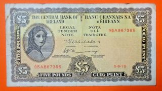 Ireland: Irish Lavery Five Pound Note Dated 5.  9.  1975