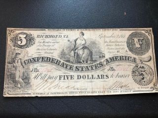 Civil War Confederate 1861 5 Dollar Bill Richmond Virginia Paper Money Note Csa