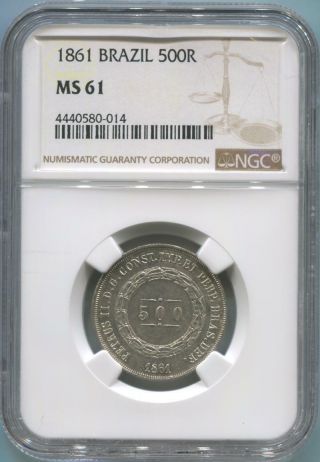 1861 Brazil 500 Reis.  Ngc Ms61