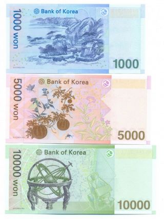 South Korea Set of 3 Notes 1000 (RADAR S/N),  5000,  10000 Won 2006 - 2007 UNC 2