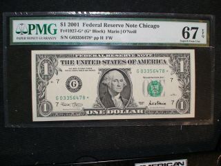 2001 One Dollar Pmg Gem Unc 67 Epq Fed Reserve Star Note Chicago$1 Bill