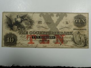 1853 The Cochituate $10 Bank Note Obsolete Currency Boston Massachusetts