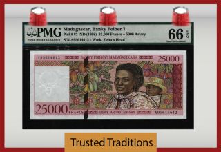 Tt Pk 82 Nd (1998) Madagascar 25000 Francs = 5000 Ariary Pmg 66 Epq Gem Unc