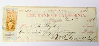 1866 Empire Mining Co.  Virginia City Nv Bank Of California Bank Check Nevada