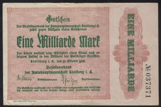 1923 1 Billion Mark Stollberg Germany Old Vintage Emergency Money Banknote Vf