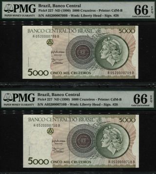 Tt Pk 227 Nd (1990) Brazil Banco Central 5000 Cruzeiros Pmg 66q Sequential Set