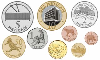 Mozambique 9 Coins Set 1,  5,  10,  20,  50 Centavos,  1,  2,  5,  10 Meticais Unc