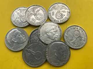 10 Nazi Coins 2 Reichsmark With Swastika Iii Empire Silver