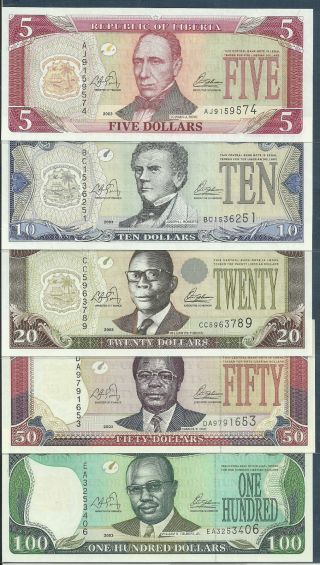 Liberia 5,  10,  20,  50,  100 Dollars Set,  2003,  P 26 - 30,  Unc