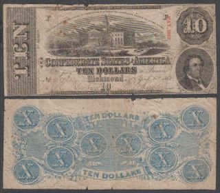 1863 Confederate States Of America Richmond Virginia,  10 Dollars,  Vg,  Pinholes