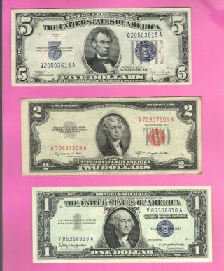 $5 & $1 Dollar Usa Silver Certificates,  $2 Legal Tender Note Red Seal Bill Money