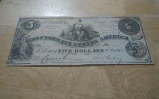 1861 Csa Confederate Currency Note $5 Dollar T36 Some Pin Holes.