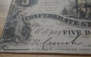 1861 CSA Confederate Currency Note $5 Dollar T36 some pin holes. 2