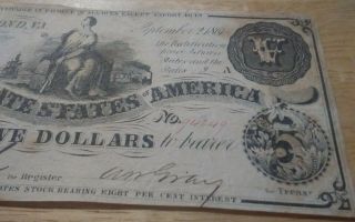 1861 CSA Confederate Currency Note $5 Dollar T36 some pin holes. 3
